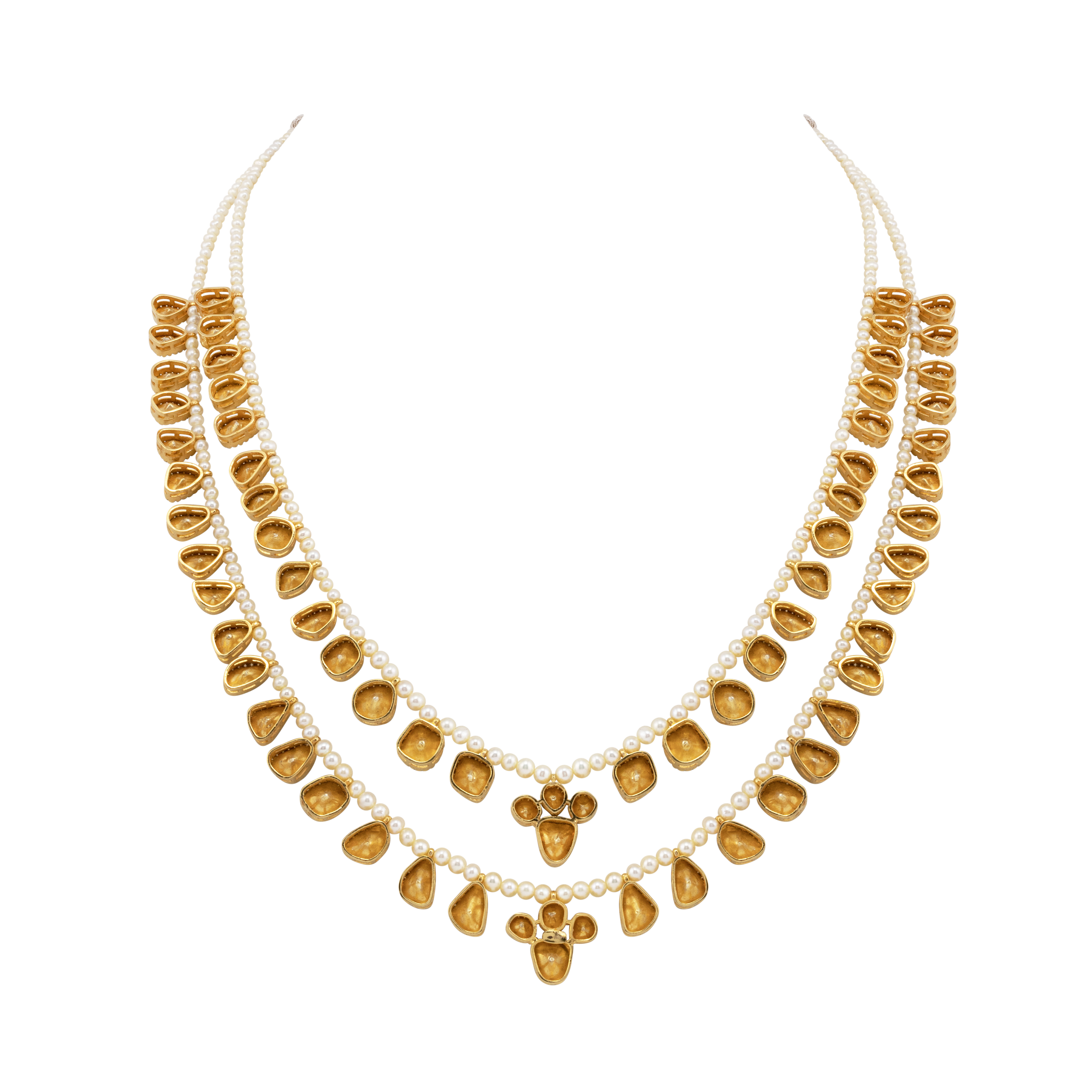 Twin-Line Polki Rani Haar with Pearl Accents in Open Setting